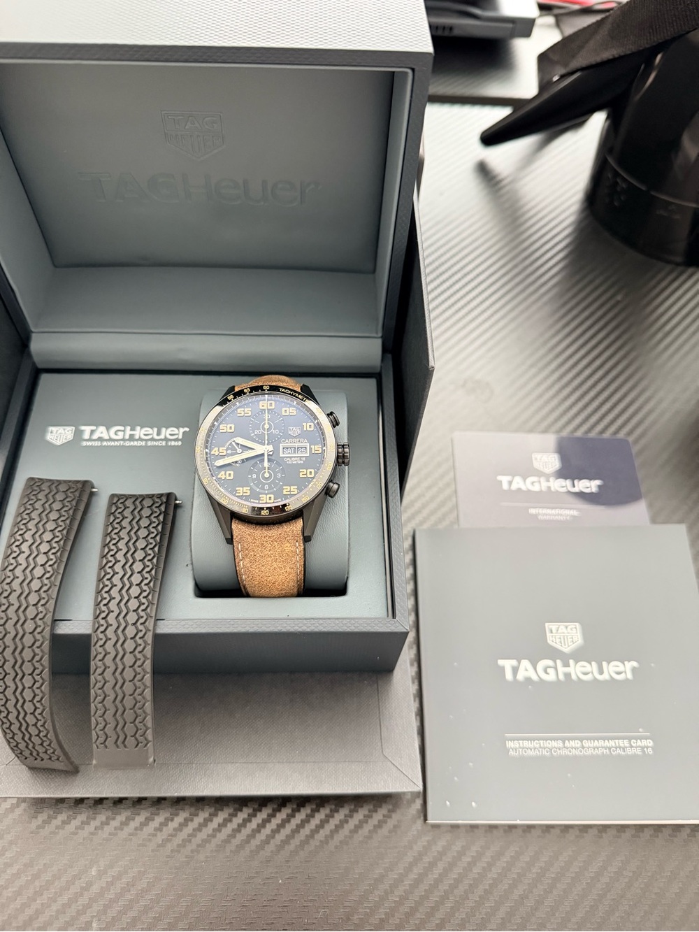 Tag Heuer Blue Dial Chronograph with Brown Leather Strap and Black Rubber Extras